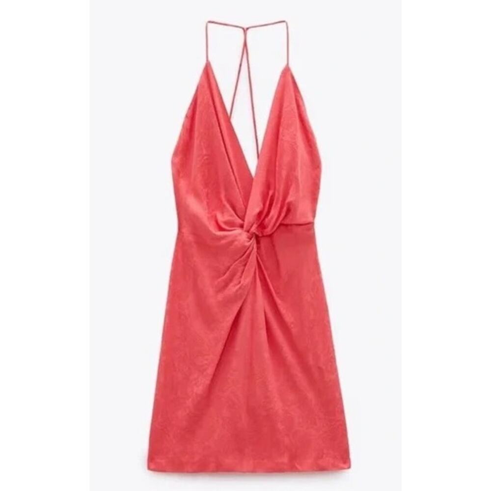 Zara Twist Knot Jacquard Slip Dress Size Small Coral Pink Resort Cocktail Party